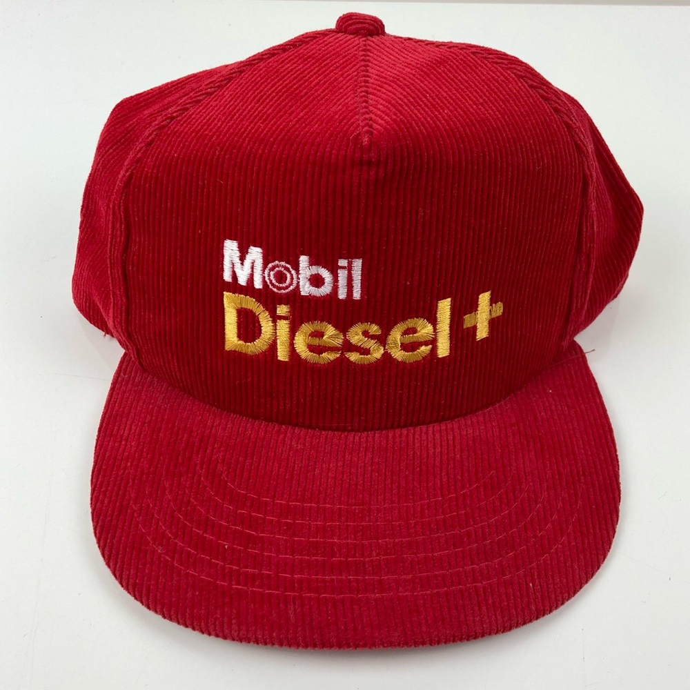 Vintage Mobil Diesel + Red Corduroy Trucker Snapback Hat Embroidered Logo